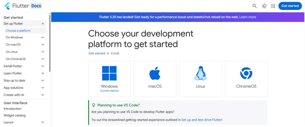 Tela inicial do site oficial do Flutter.